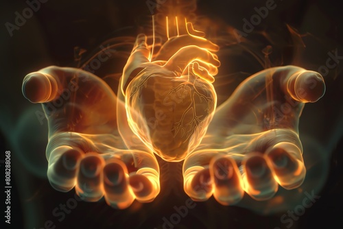Give me an image of a heart. Make it look like it's glowing and there's smoke around it. It should look like it's floating in the air. Make the background black. photo