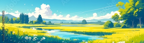 A cartoon illustration of a beautiful lake surrounded by mountains  trees and grass