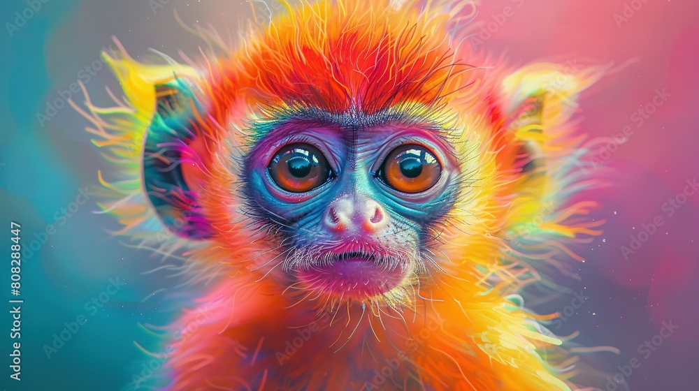 A close-up of a monkey's face, adorned with multicolored fur on its head and expressive eyes A close-up of a monkey's face, adorned with multicolored fur on its head and expressive eyes