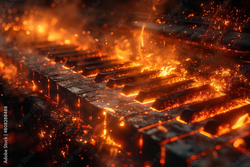 This image captures the incredible sight of piano keys under the fierce dance of flames and embers This image captures the incredible sight of piano keys under the fierce dance of flames and embers