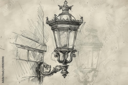 A sketch of an antique street lamp, drawn in pencil on paper background