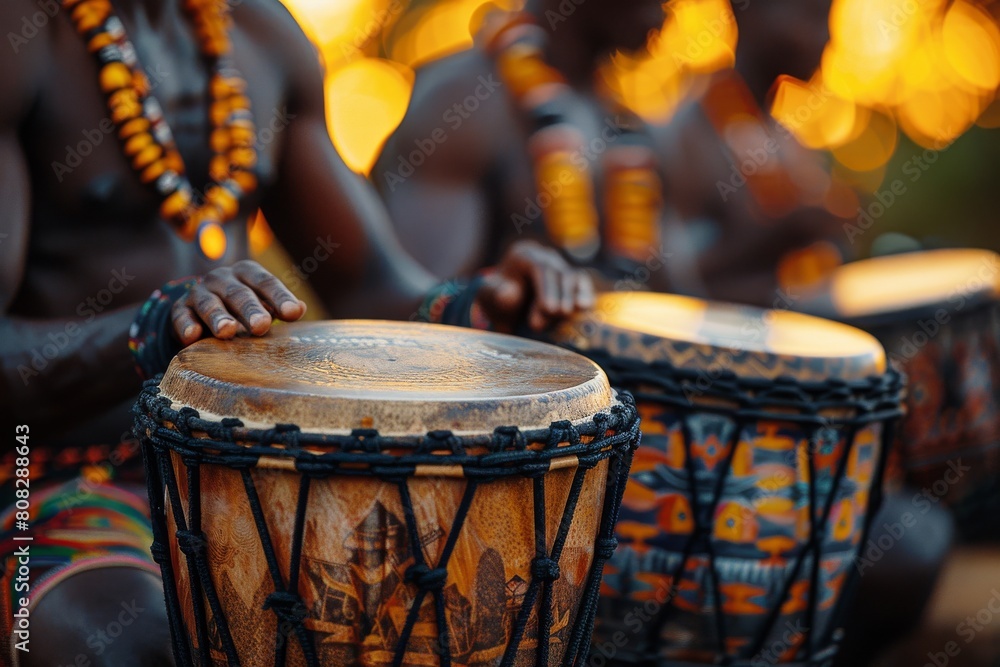 Fototapeta premium Close-up photograph capturing the essence of a traditional African drumming ceremony with vivid detail and warmth