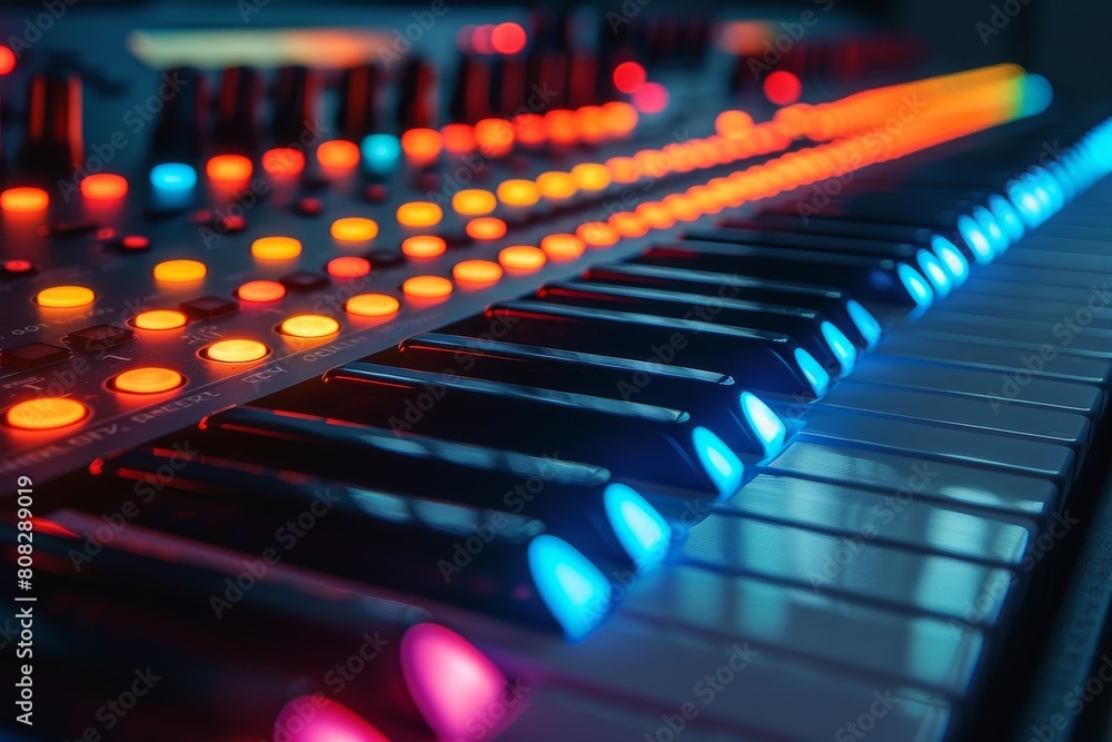 This image features a close-up shot of a synthesizer panel, showcasing its intricate buttons and glowing lights