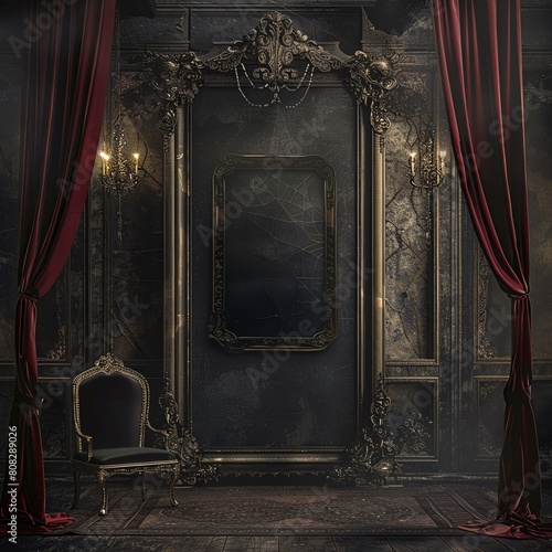 A dark, gothic room with a large mirror, a chair, and red velvet curtains. The mirror is cracked and the walls are covered in cobwebs.