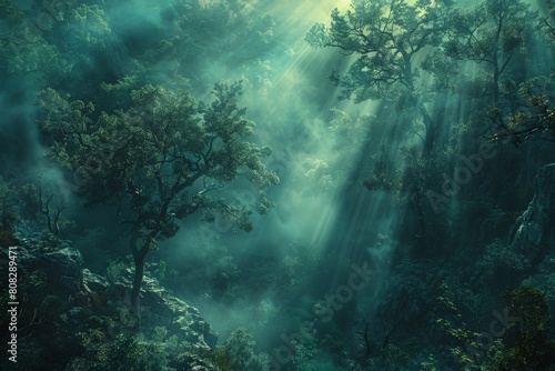A breathtaking view of sunrays breaking through the dense canopy of a lush rainforest, creating a serene and otherworldly green atmosphere