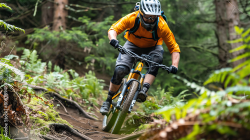 MTB rider rides fast on a mountain single track. photo