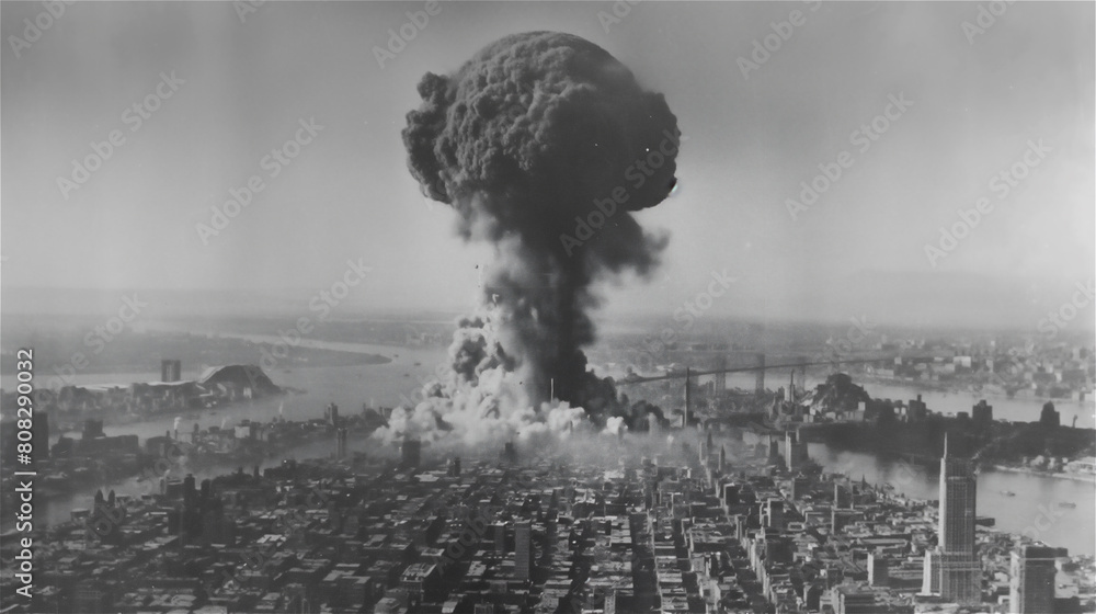 nuclear mushroom cloud over the city, black and white photography
