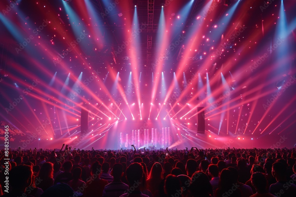 An expansive crowd is captured under a mesmerizing canopy of colorful stage lights at a vibrant live concert event An expansive crowd is captured under a mesmerizing canopy of colorful stage lights at a vibrant live concert event