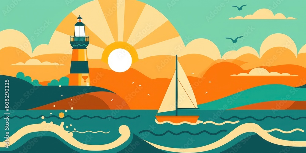 artistic design of ocean with sailboat and lighthouse, sun beam at background