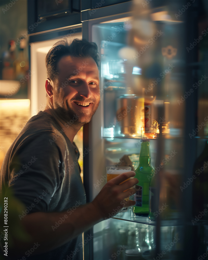 A man reaches for a beer from the fridge.
