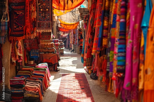 The vibrant colors of a Moroccan bazaar, Vibrant market stalls adorned with exotic fruits, textiles and crafts, Ai generated © Tanu