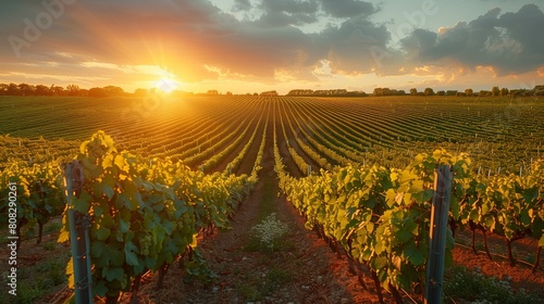 A panoramic view of a sprawling vineyard at sunset  grapevines highlighted by golden light 