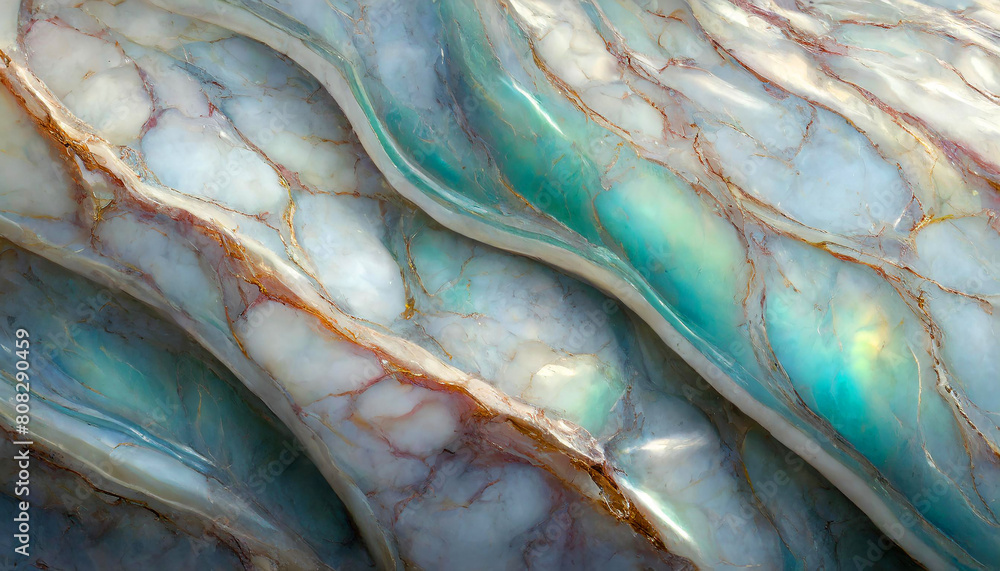 Mother of pearl surface with turquoise highlights. Light marbled effect with golden veins. Mother of pearl surface with turquoise highlights. Light marbled effect with golden veins.