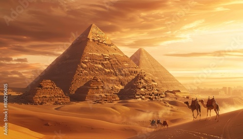 Realistic shot of the pyramids in Egypt with camels and sand dunes  © Cetin