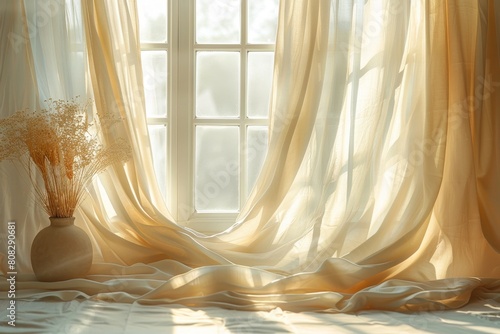 Warm, inviting sunlight bathes the room, highlighting the elegance of the draped curtains and the vase of dried flowers