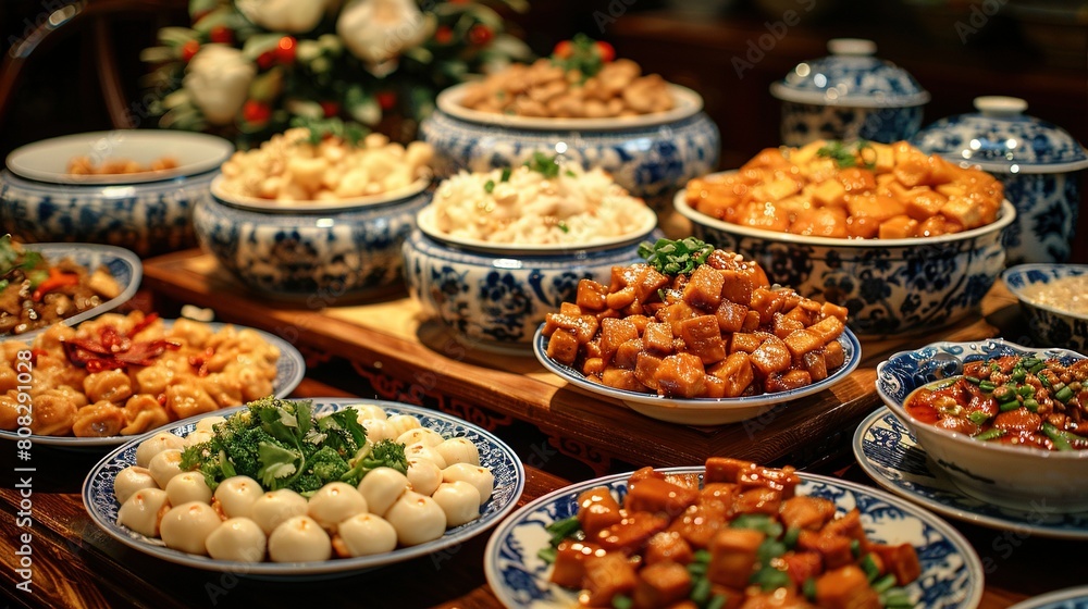   A close-up of multiple dishes on a table with bowls surrounding them