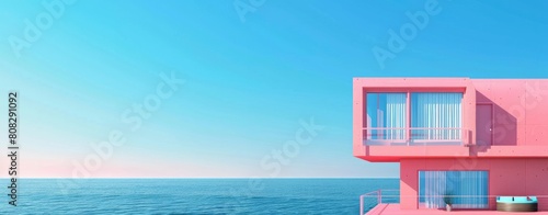 pink modern house by the sea on blue sky background © Fatema