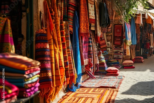 The vibrant colors of a Moroccan bazaar, Vibrant market stalls adorned with exotic fruits, textiles and crafts, Ai generated © Tanu