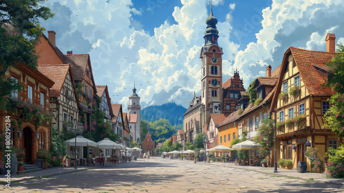 An artistic representation of International Beer Day festivities in a historic town square, with cobblestone streets lined with brewery tents, beer tastings, and cultural performan photo