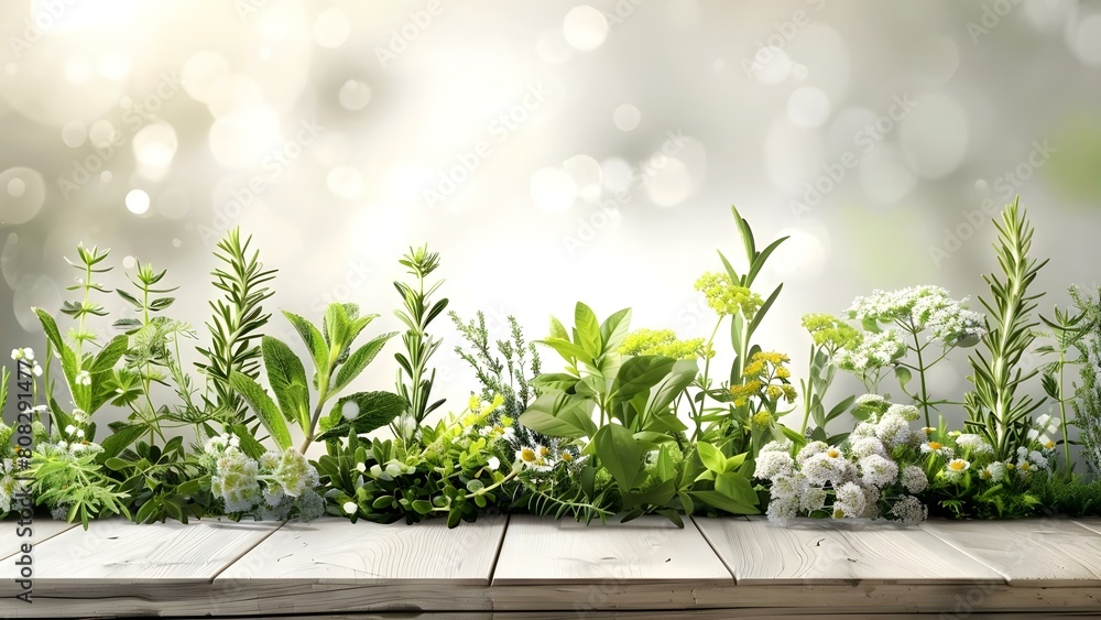 Vibrant botanical herbs painting on wooden table against white background. Concept Botanical Art, Herbs Painting, Wooden Table, White Background, Vibrant Colors Vibrant botanical herbs painting on wooden table against white background. Concept Botanical Art, Herbs Painting, Wooden Table, White Background, Vibrant Colors