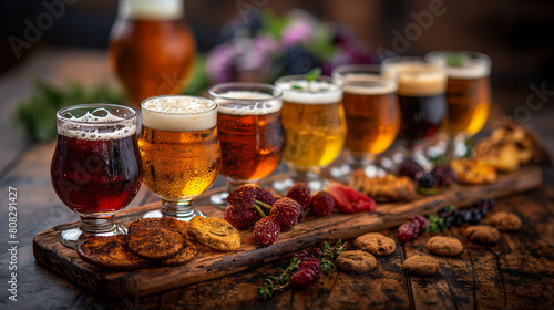 A captivating image of a beer tasting flight on International Beer Day, with a wooden board showcasing a variety of brews in small glasses, each labeled with tasting notes and acco photo