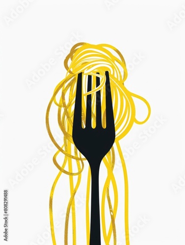 spaghetti on black fork on white background