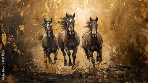 Three horses running on abstract oil painting with gold and brown background