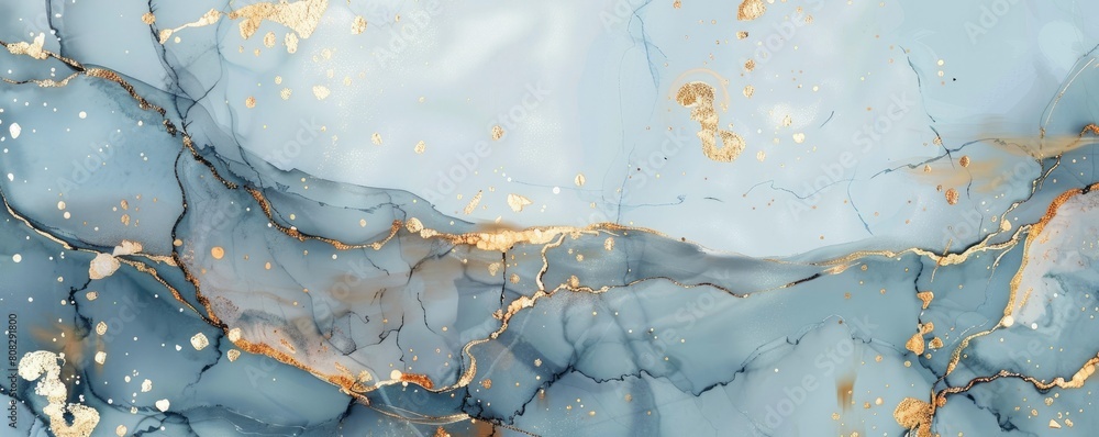 watercolor, gray blue marble background with gold veins lines, white background