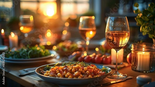  A focused image of a platter of nourishment on a wooden surface, with a stemmed goblet of liquid and flickering candles surrounding it
