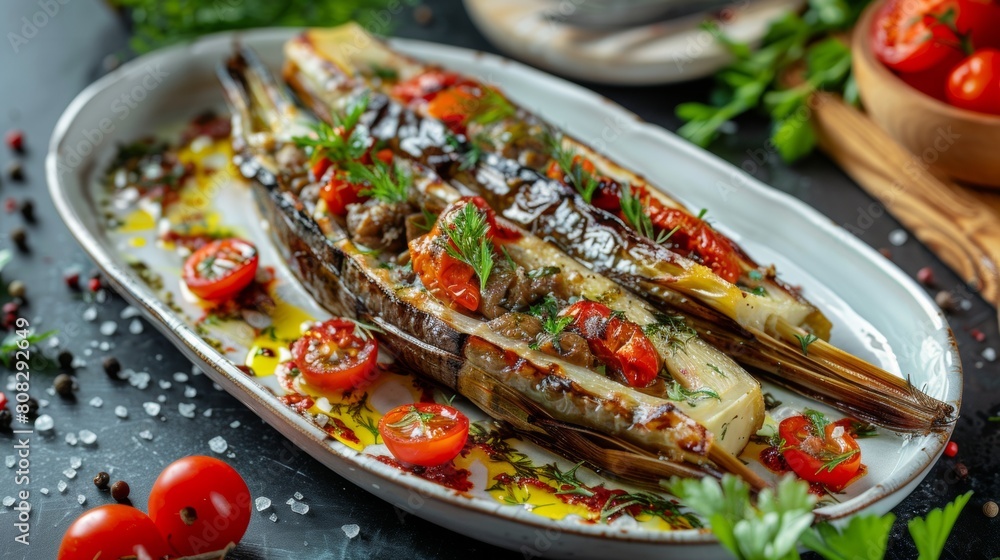 A dish of Vatican cuisine. Chicory stuffed with anchovies. A dish of Vatican cuisine. Chicory stuffed with anchovies.