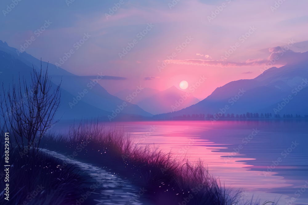 Fototapeta premium Pathway to New Beginnings: Dawn over Tranquil Landscape Symbolizing Mental Health Progress