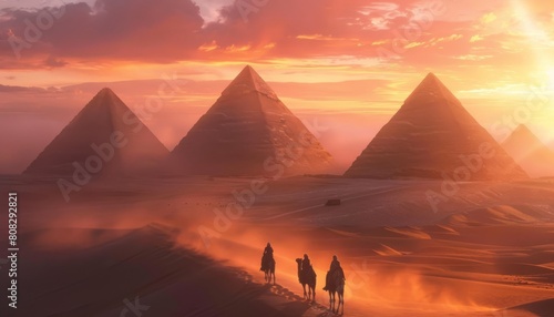 Realistic shot of the pyramids in Egypt with camels and sand dunes 