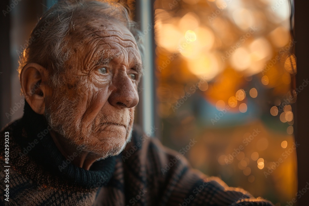 A reflective elderly man gazes out a window, his face illuminated by the serene golden light of sunset, capturing a moment of deep contemplation.