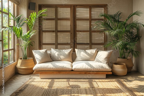 The sun-drenched corner of a room featuring a comfortable sofa and lush plants evokes a feeling of relaxation