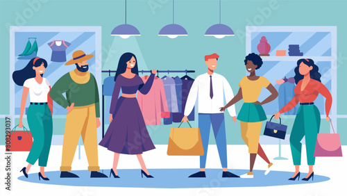 In a stylish upscale neighborhood a group of fashionistas comb through the racks of a designer consignment store giddy with excitement as they uncover. Vector illustration