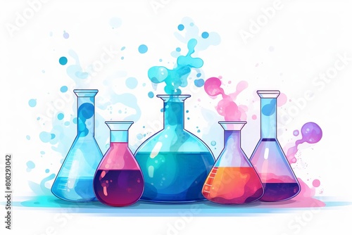 Chemistry lab glassware with colorful liquids and bubbles.