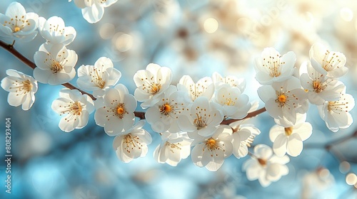   A close-up of a tree branch with white flowers and a blue sky background