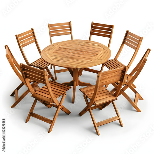 Wooden chairs arranged around a table isolated on white background  hyperrealism  png 