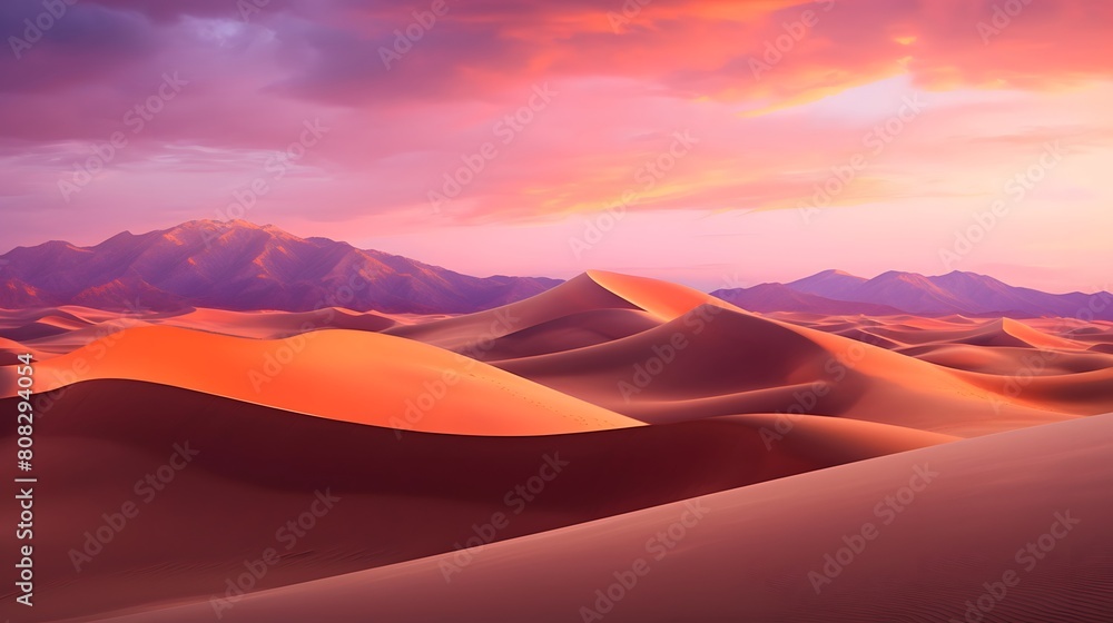 Desert panoramic landscape with sand dunes at sunset.