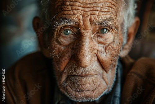 A reflective elderly man gazes out a window, his face illuminated by the serene golden light of sunset, capturing a moment of deep contemplation.