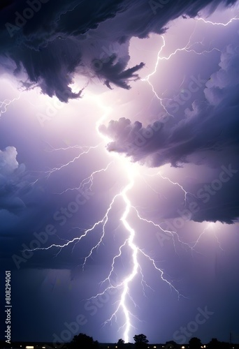 Thunderstorm and lightning on a purple rainy night