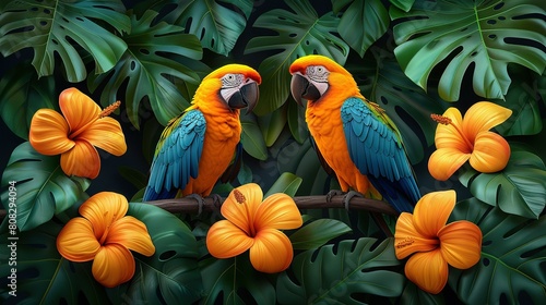  Two vivid parrots rest on a leafy branch amidst vibrant flowers and orange blooms in the foreground