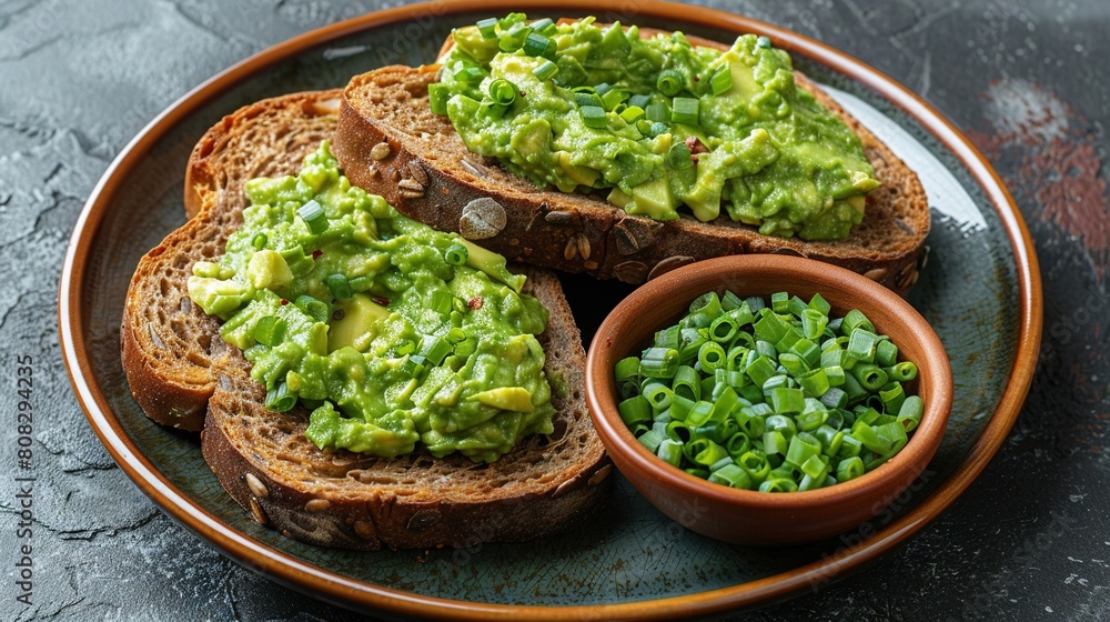 A plate of bread with avocado spread and a small dish of scallions adjacent A plate of bread with avocado spread and a small dish of scallions adjacent