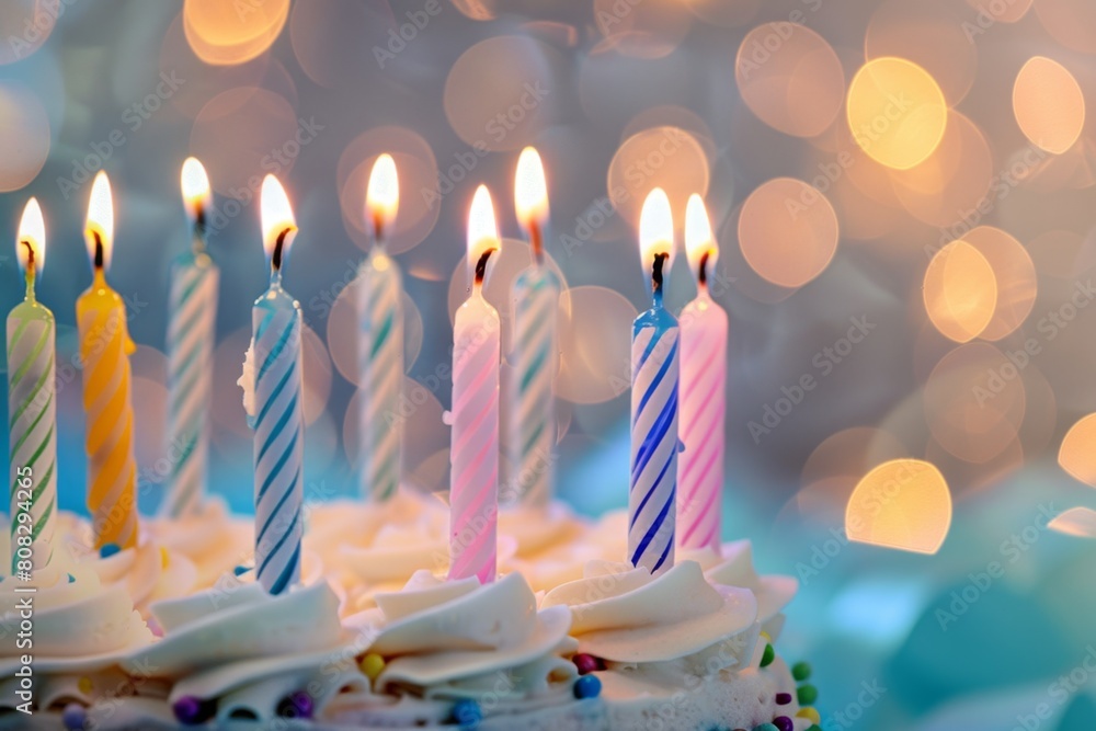 a cake with colorful birthday candles on it against a blurred background Generative AI a cake with colorful birthday candles on it against a blurred background Generative AI
