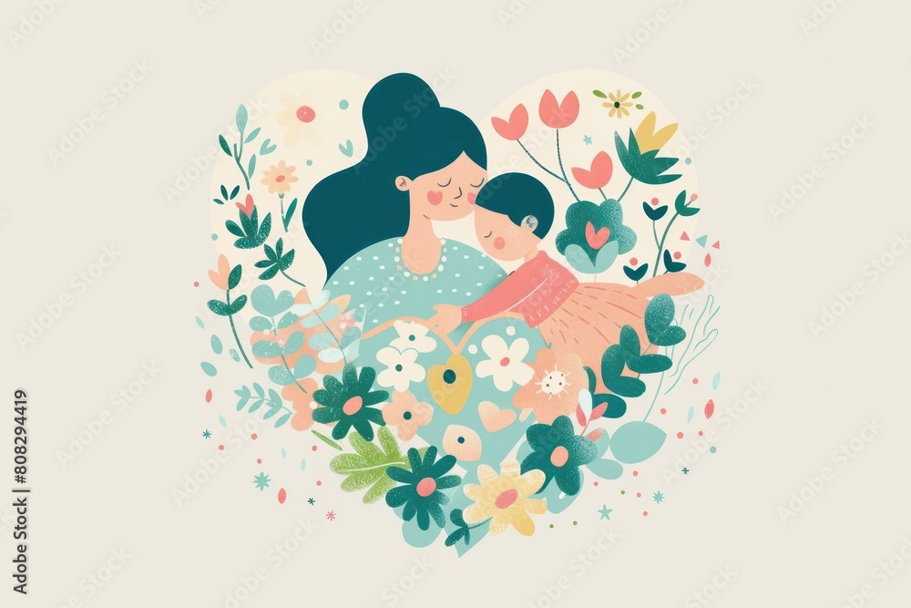 Happy Mother's Day. mother hugging her child surrounded by flowers pastel background in flat style background Happy Mother's Day. mother hugging her child surrounded by flowers pastel background in flat style background