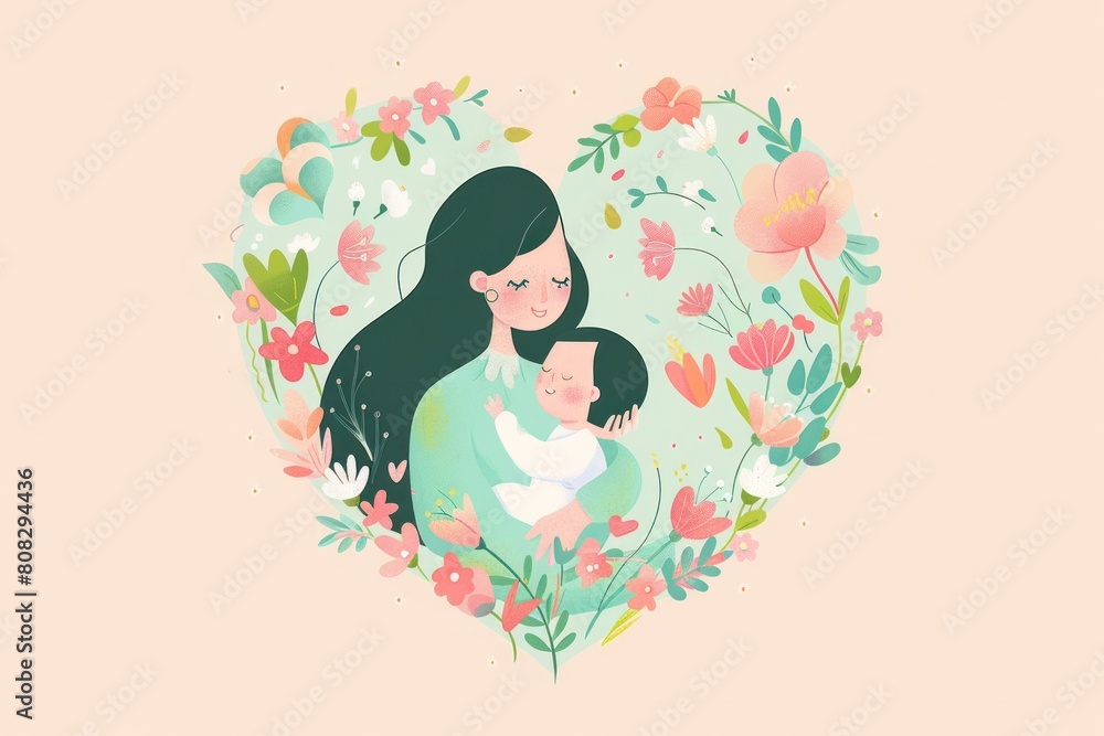 mother hugging her child surrounded by flowers pastel background in flat style, mother's day celebration