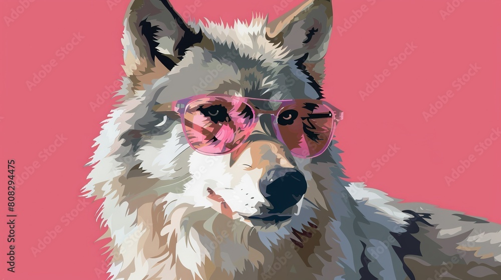 Fototapeta premium Close-up image of a dog in glasses with a pink background and a white dog with pink glasses