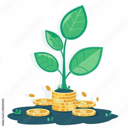 illustration of green plant growing from a pile of coins, business finance sustainable, savings, green investment growth