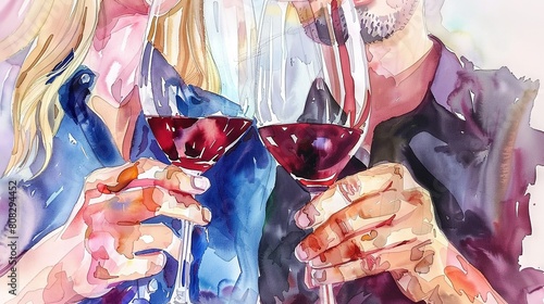   Painting of a couple holding red wine glasses while gazing into each other's eyes © Nadia
