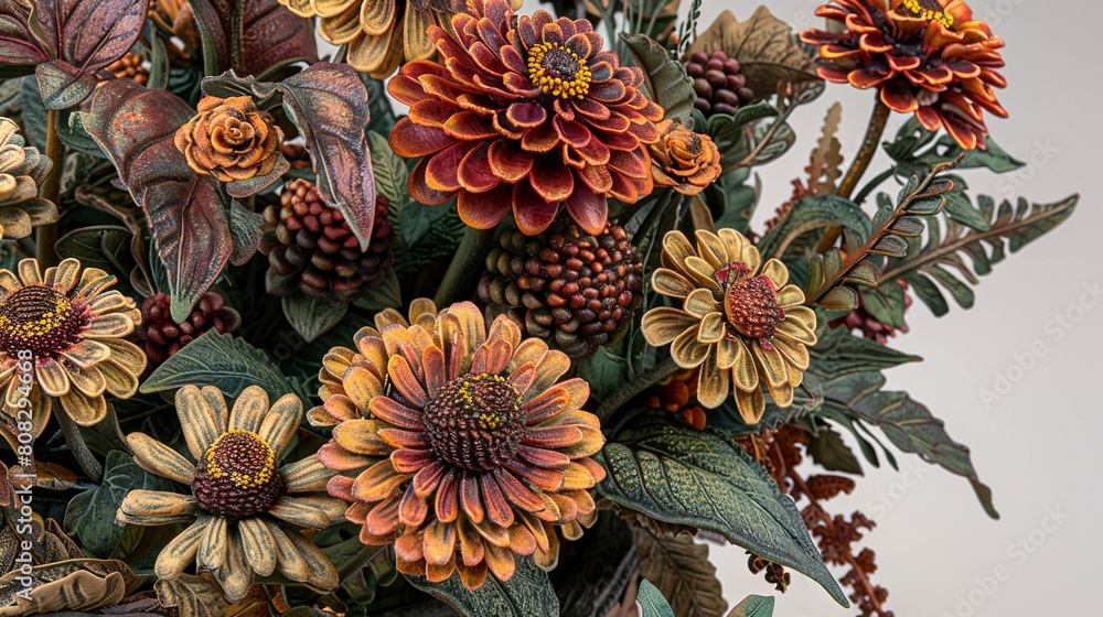 A close-up of a bouquet with flowers and leaves on a white background is an ideal image for floral designers It showcases the vibrant colors of the flowers and the intricate A close-up of a bouquet with flowers and leaves on a white background is an ideal image for floral designers It showcases the vibrant colors of the flowers and the intricate